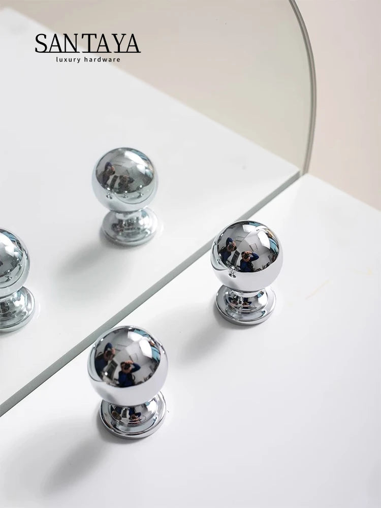 Santaya Brass Drawer Round Knobs Chrome Bright Silver Modern Minimalist Dresser Handle Single Hole Ball Kitchen Cabinet Pulls