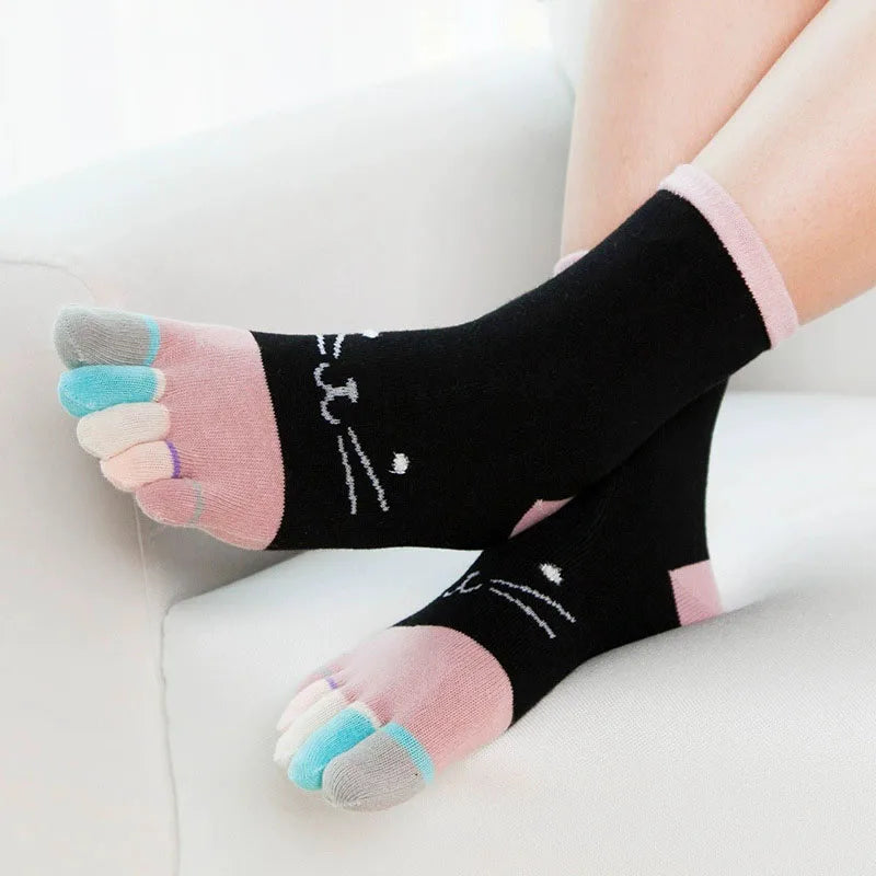Cute Short Toe Socks Women Girl Cotton Striped Cat Love Fashion Sweat-Absorbing Anti-Bacterial Breathable Warm Five Finger Socks