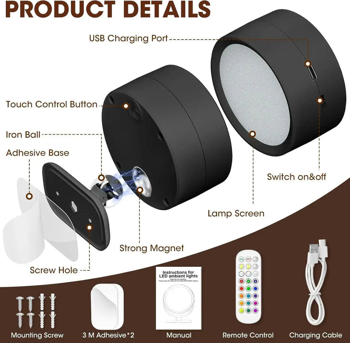 LED Wall Mounted Lights with Remote Wireless Magnetic Wall Sconces