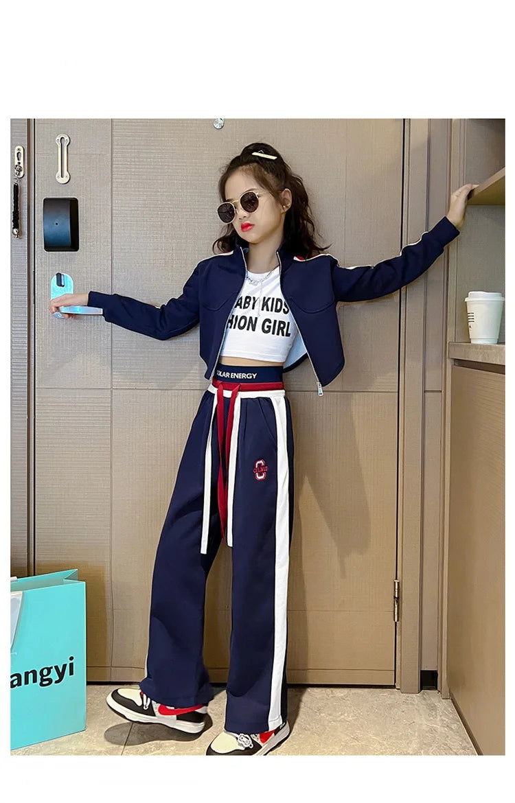 Spring Autumn Girl Striped Cropped Full Zip Sweatshirt+Loose Drawstring Sweatpant Set School Kids Tracksuit Child Outfit 3-16Yrs