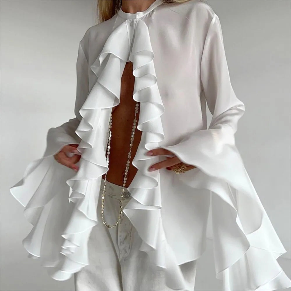 Fashion Ruffled Long Sleeve Women's Shirt Spring And Autumn New Loose Solid Color Casual Female Temperament Street Shirt 2025