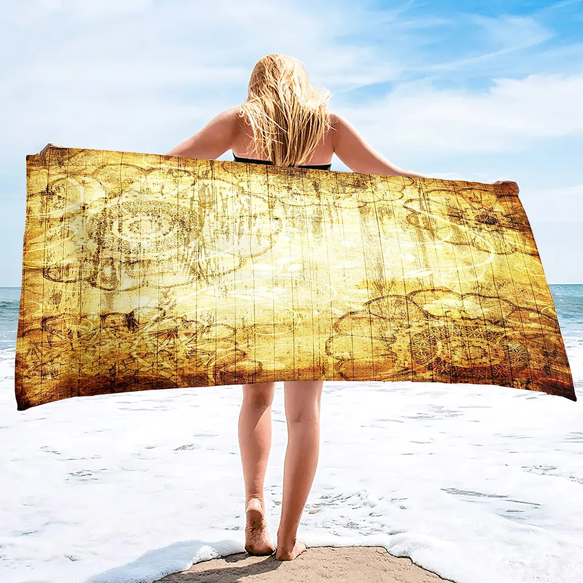 Beach Towel Vintage Gold Bath Towel Oversized,Sand Free Beach Towel Quick Dry Absorbent Towel for Travel Pool Yoga Gym Sport