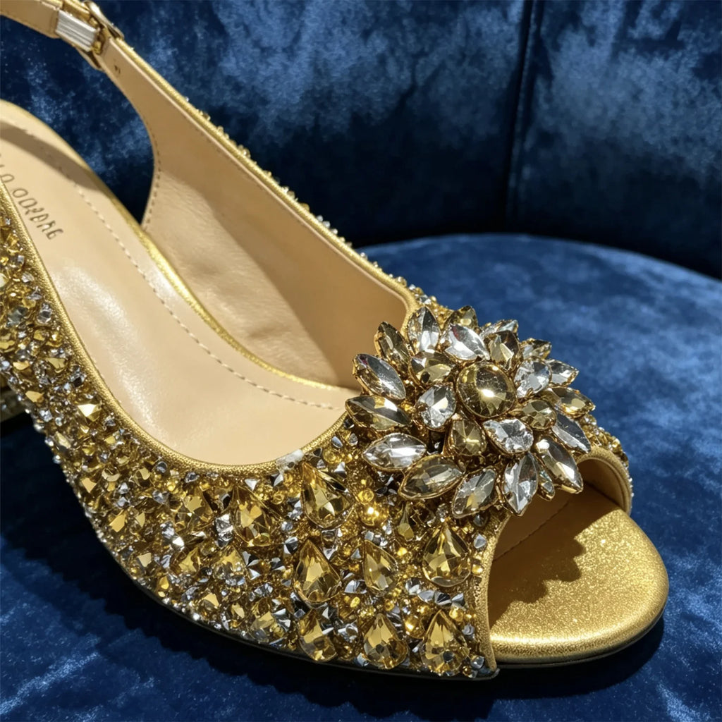 Sky Gold Elegant Nigerian Rhinestone Wedding Shoe and Bag
