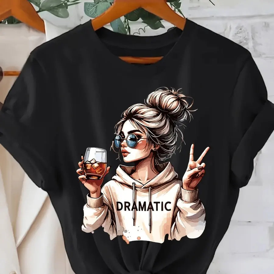 DRAMATIC 1pc Women' S Fashion Print Round Neck Short