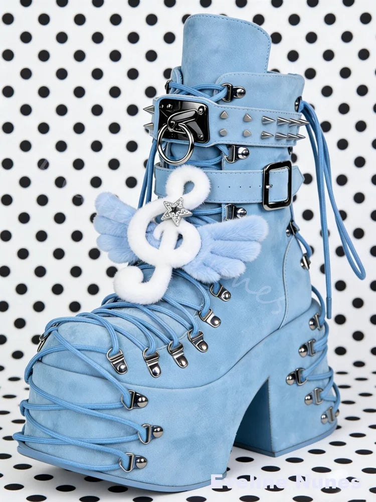 Light Blue Suede Wing Music Note Platform Boots Women Rivet Lace