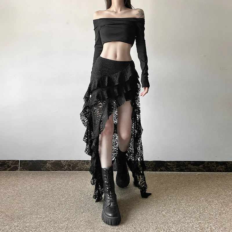White Sweet Design Lace Patchwork Ruffle High Waisted Y2K Skirt