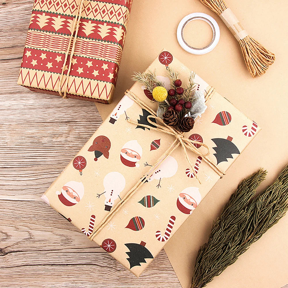 6Pcs Kraft Packaging Paper Retro Christmas Single-sided Wrapping Paper DIY Craft Paper Set for Party Birthday Halloween Gift