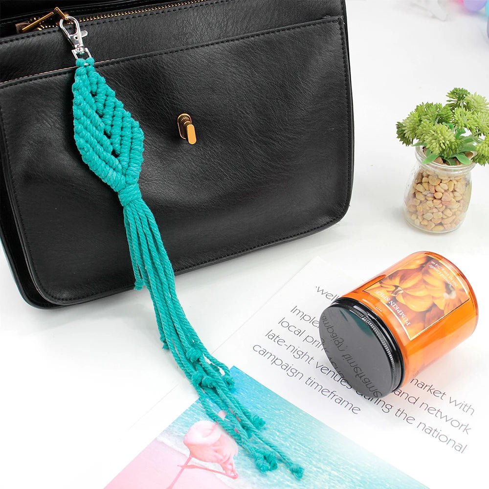 Leaf Tapestry Keychain Macrame Kit with Tutorial For Beginners Handmade DIY Key Chain Wall Hanging Knitted Kit for Home Decor