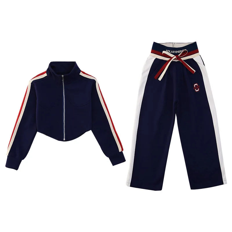 Spring Autumn Girl Striped Cropped Full Zip Sweatshirt+Loose Drawstring Sweatpant Set School Kids Tracksuit Child Outfit 3-16Yrs