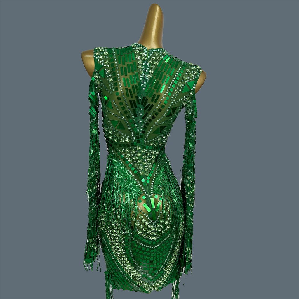 Sexy Women Full Rhinestone Sequins Tassel See Through Mesh Mini Dress Streamer Theme Party Photo Shoot Wear gig  Outfit Youzi