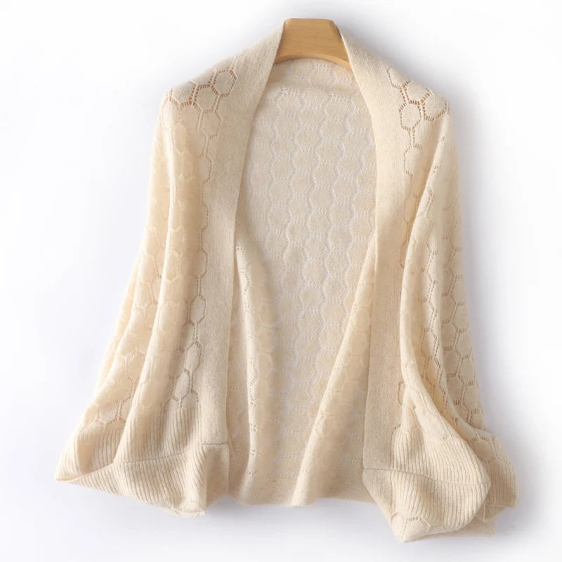 Popular Lace Edge 100% Wool Knitted Shawl Spring Autumn Thin Women's Soft, Skin friendly, Breathable, and Fashionable Cardigan