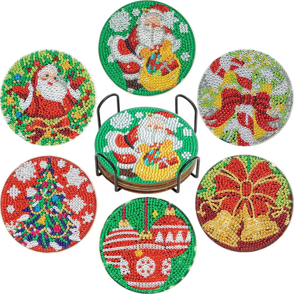 PhotoCustom 6pc/Sets Diamond Painting Coasters 5D DIY Round Diamond Mosaic Mandala Cup Coasters With Holder Kitchen Accessories