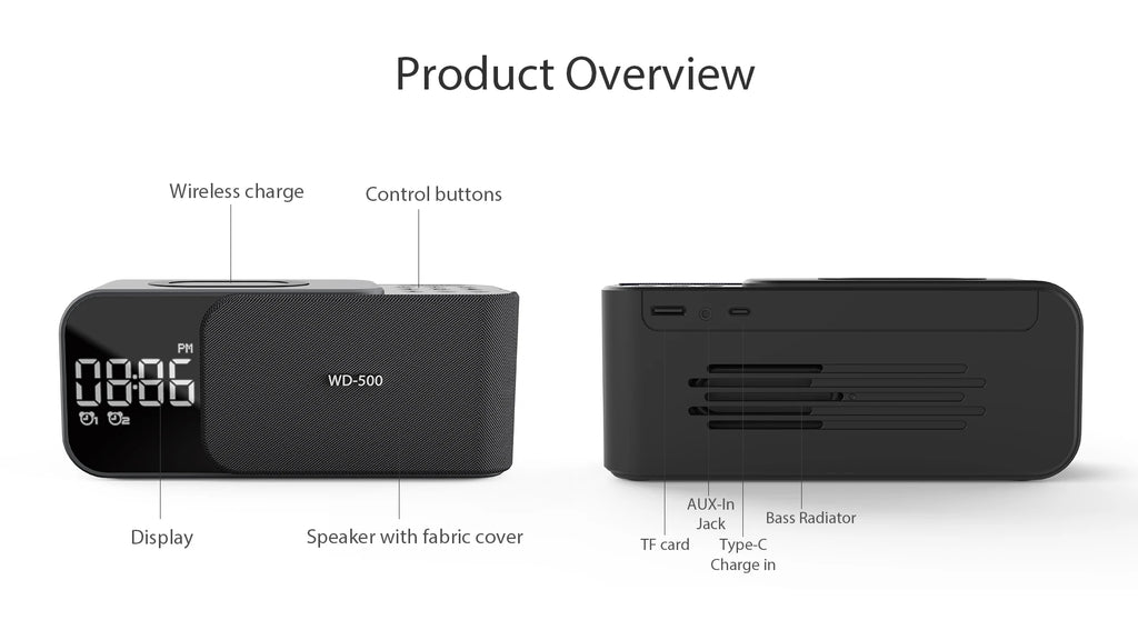 WD-500 Digital Led Mirror Alarm Clock Night Light Led Bluetooth Speakers with Wireless Charger Stereo Speakers