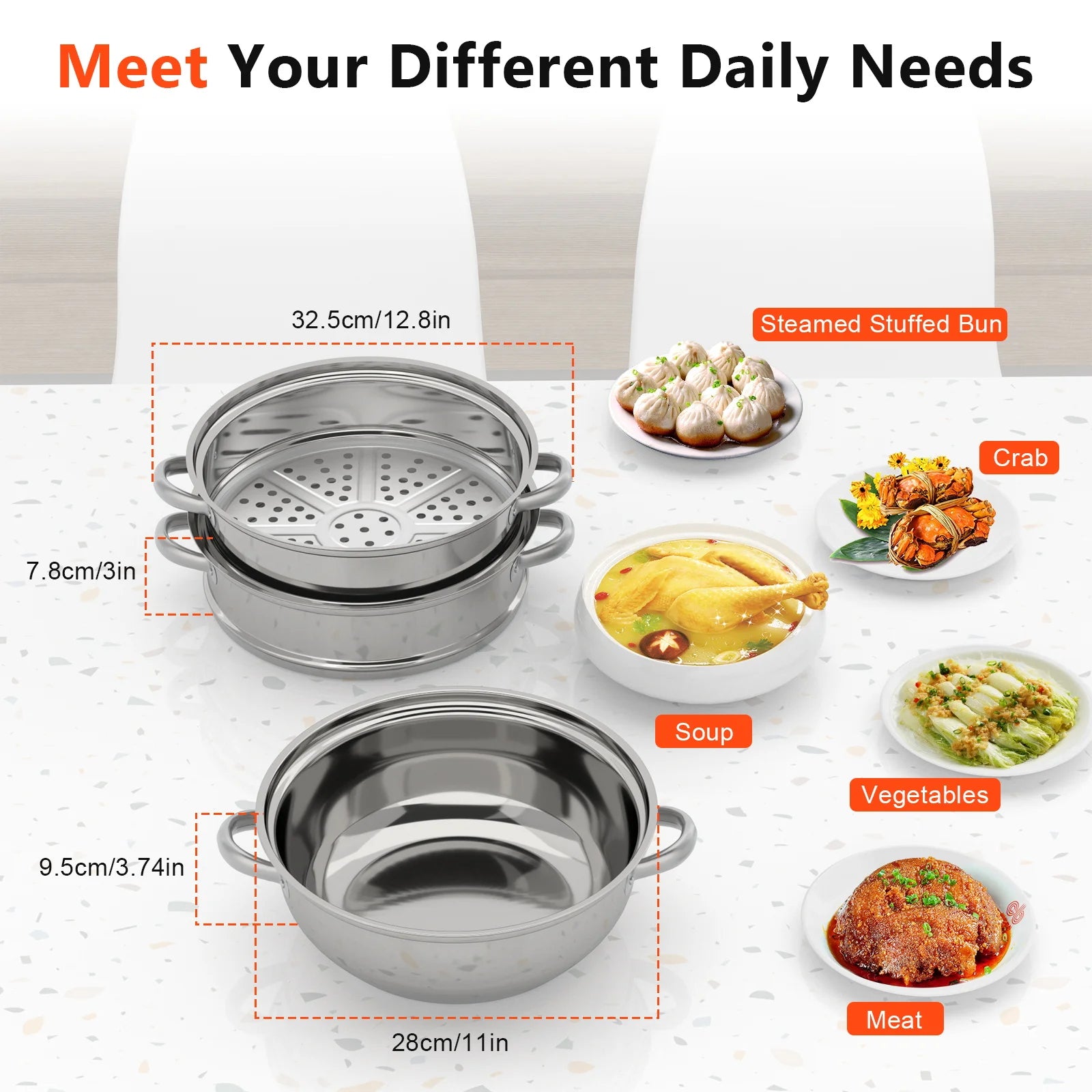 28CM Multi-Function 3 Tier Cook Food Veg Pot Large Stainless Steel Steam Cooker Steamer Kitchen
