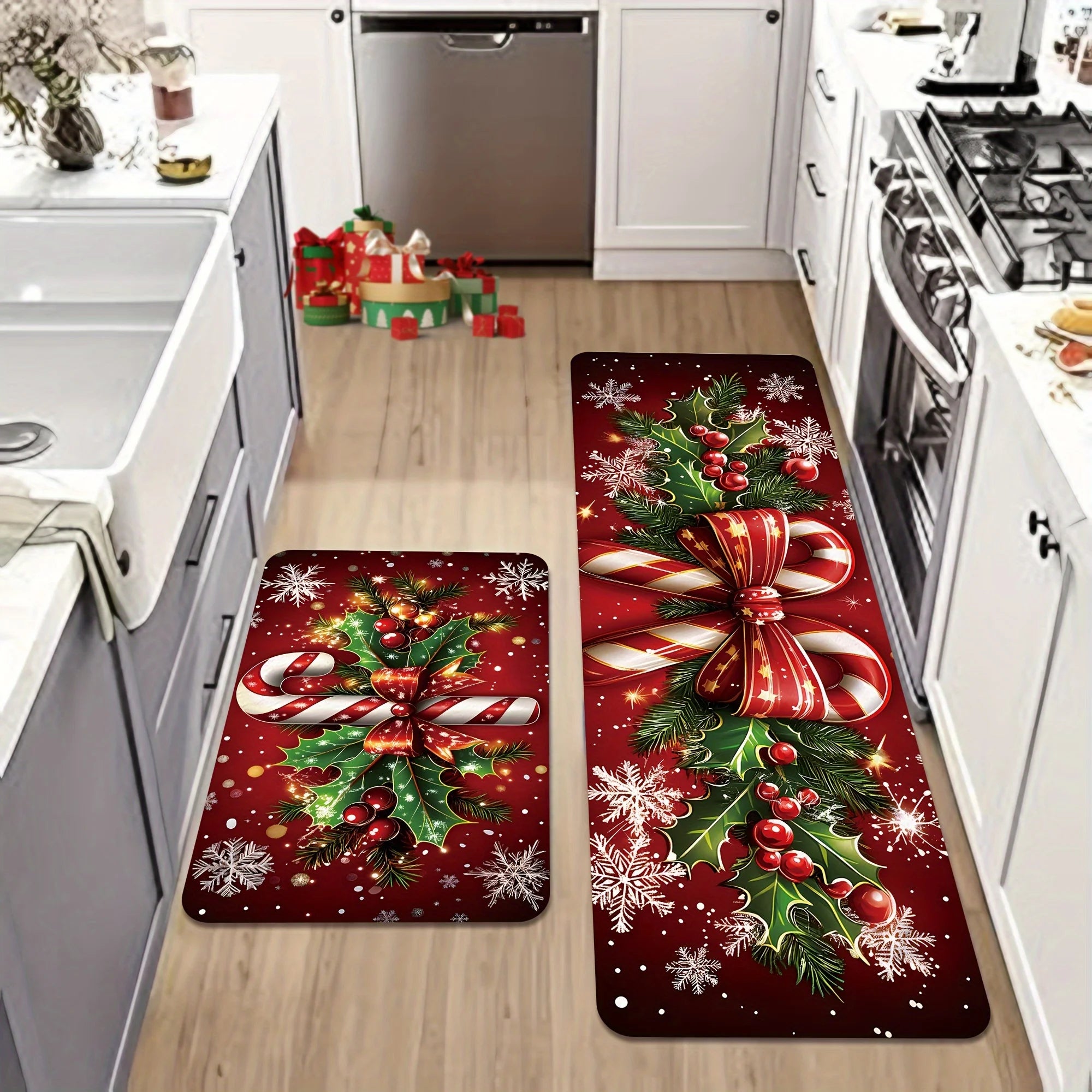 VIKAMA Merry Christmas Winter Decor Candy Canes Holly Snowflake Kitchen Mat Christmas Holiday Atmosphere Decor Festive Home Gift