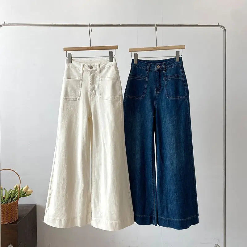 Korean Style White Denim Wide Leg Pants Women Autumn New High Waist Fashion Pockets Straight Trousers Casual Loose Denim Pants