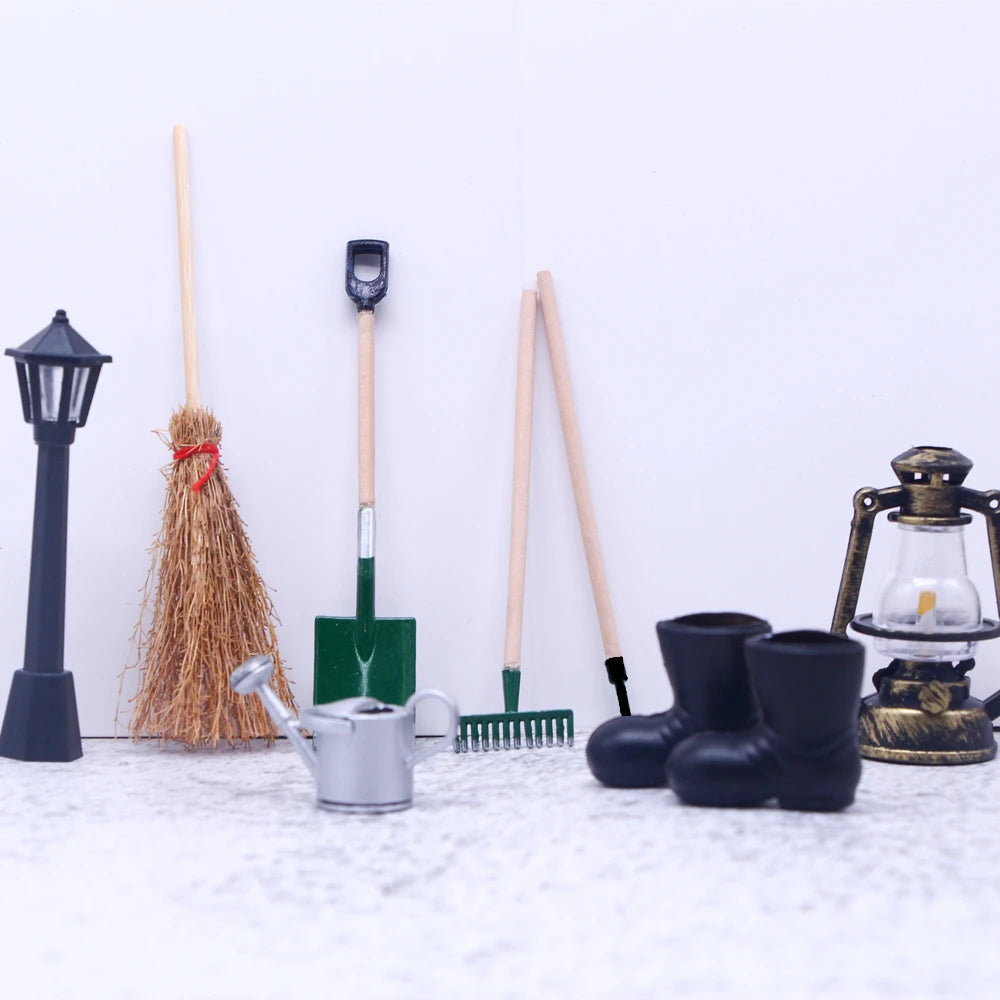 8PCS Miniature Dollhouse Fairy Garden Tools Mini Furniture Broom Kettle Street Lamp Rubber Boots Spade Pestle Rake Ornament Deco