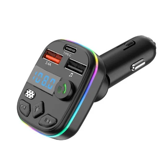 Bluetooth 5.0 Car FM Transmitter Wireless Charger PD Type C Fast Charge Dual USB Charger Ambient Light MP3 Player Handsfree