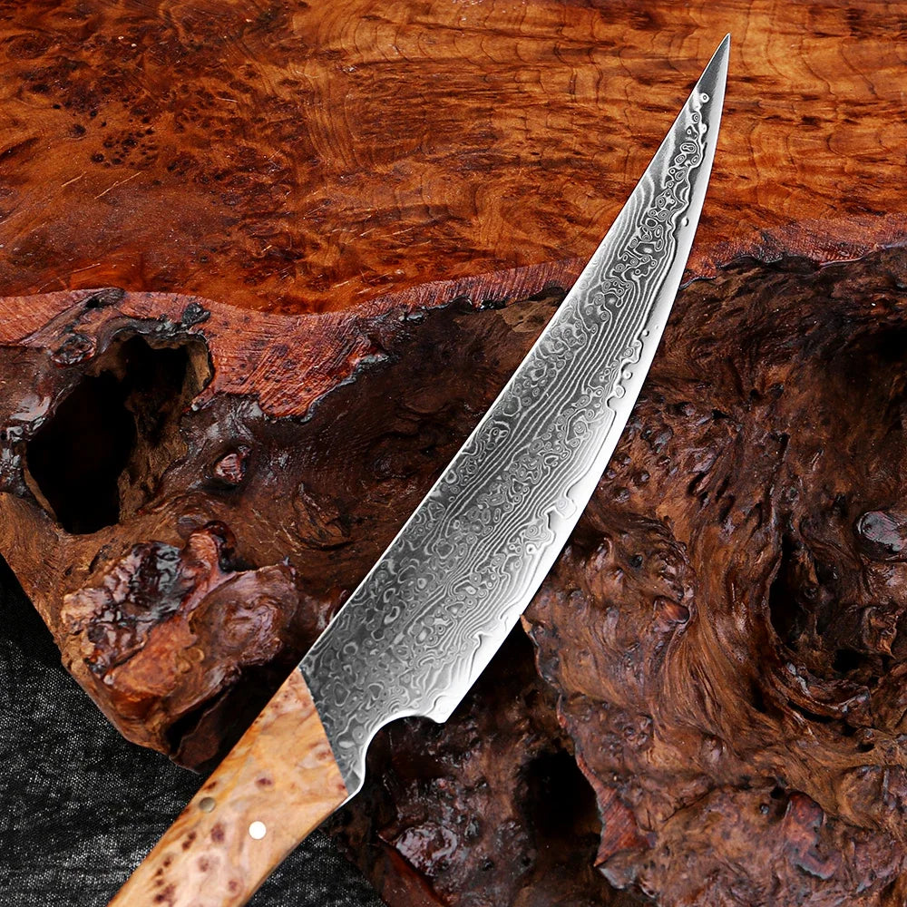 Damascus Steel Handmade Curved Edge Japanese Utility Knife,Full Tang Pakkawood Handle,High Hardness Sharp Kitchen Peeling Knife