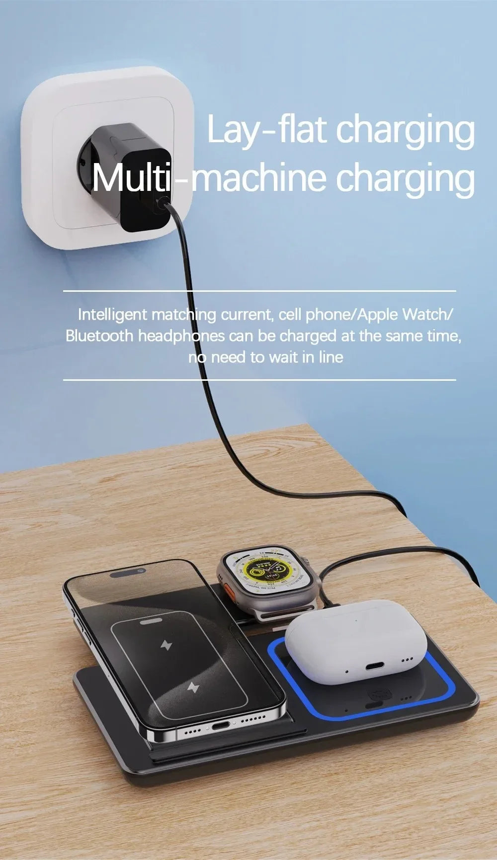 3 in 1 Wireless Charger Stand 30W LED Foldable Wireless Charger For iPhone 16 15 Pro Max iWatch 8 7 Airpods Charge Dock Station