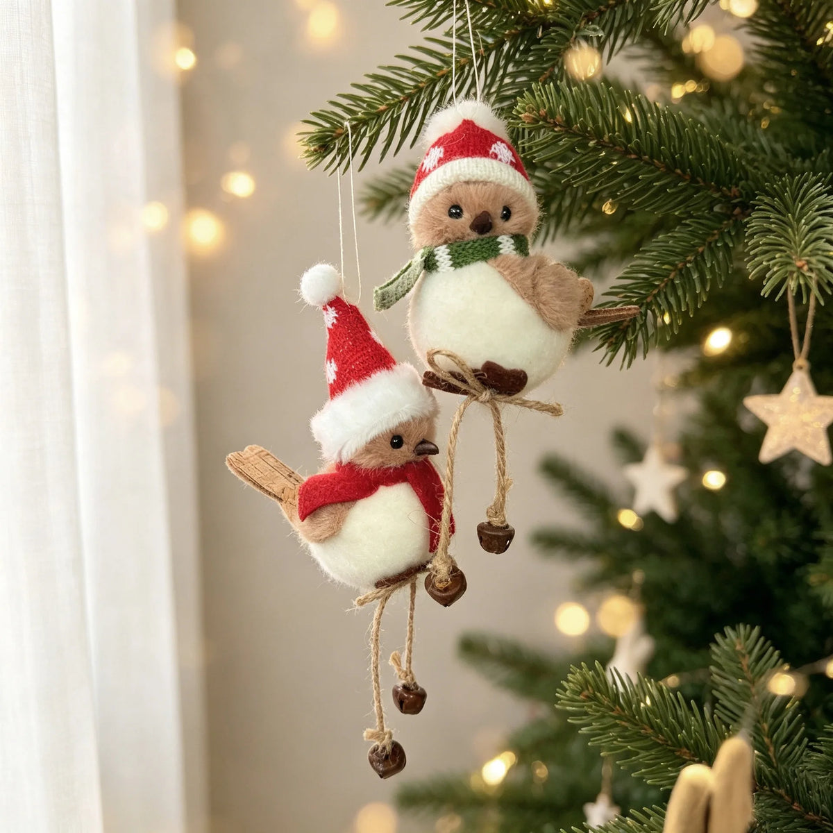 1pc Christmas Tree Hanging Ornament Cute Plush Bird with Santa Hat