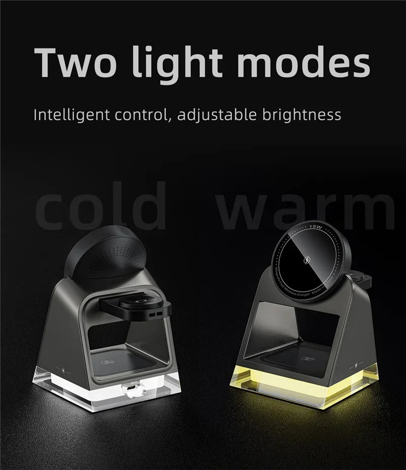 3 in 1 LED Light Magnetic Wireless Charger for iPhone 15 14 13 12 Pro Max iWatch 8 7 Airprods Pro Fast Wireless Charging Station