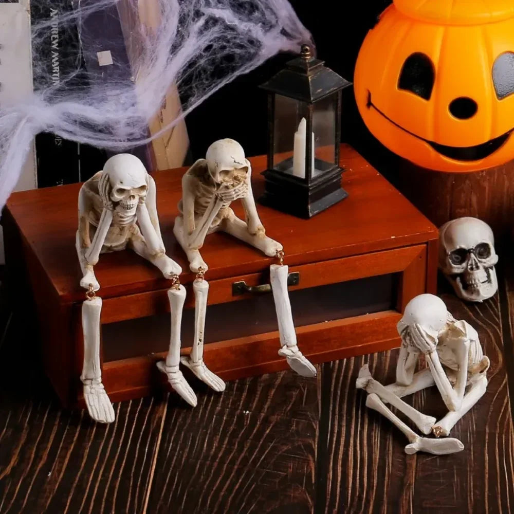 Halloween Resin Skeleton Statues See Speak Hear No Evil Figurines Skull Decor for Tabletop Bookshelf Desk Home Party Ornament