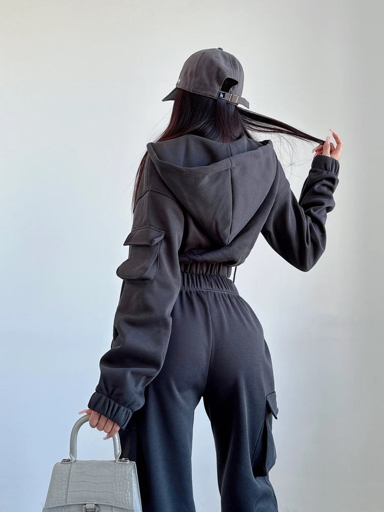 WOMENGAGA Short Zipper Sweatshirt Large Pocket Wide Leg Pants Two Piece Casual Plush Set For Winter Women Fashion Sweet 2PTB
