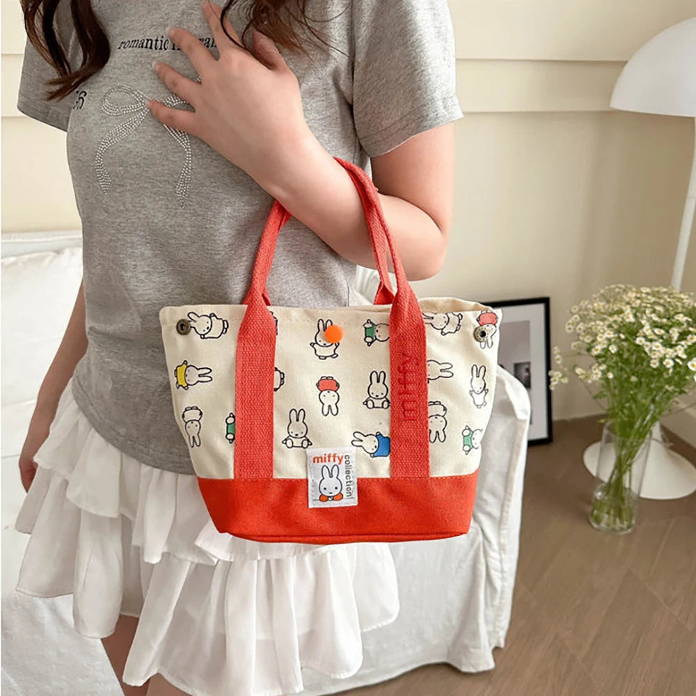 Kawaii Miffy Cute Handbag Cartoon Rabbit Canvas Embroidery Fashion Bento Multifunctional Storage Bag Girl Gift