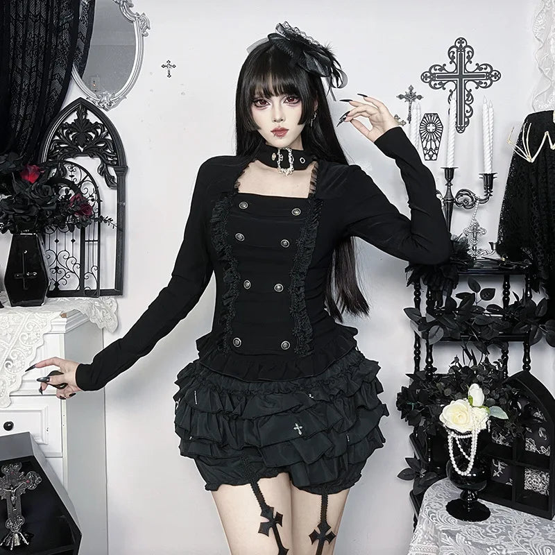 Retro Dark Subculture Lolita Mesh Trim Buckle Tees Gothic Punk