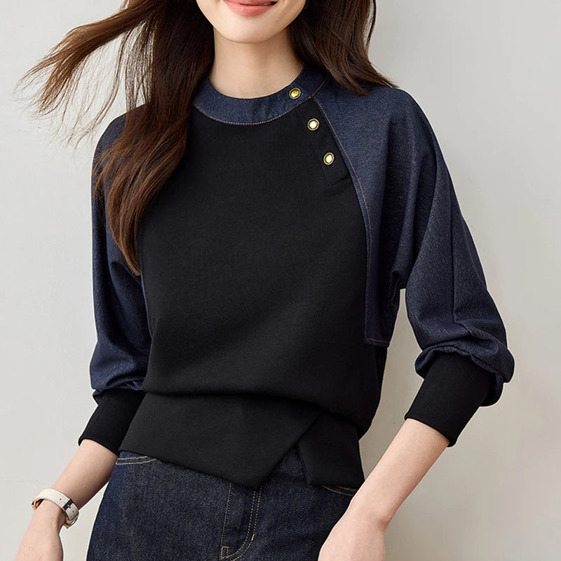 Aoaiiys Hoodies Women O Neck Button Decor Sweatshirt Contrast Color Spliced Pullovers Spring Autumn Vintage Casual Sweatshirts