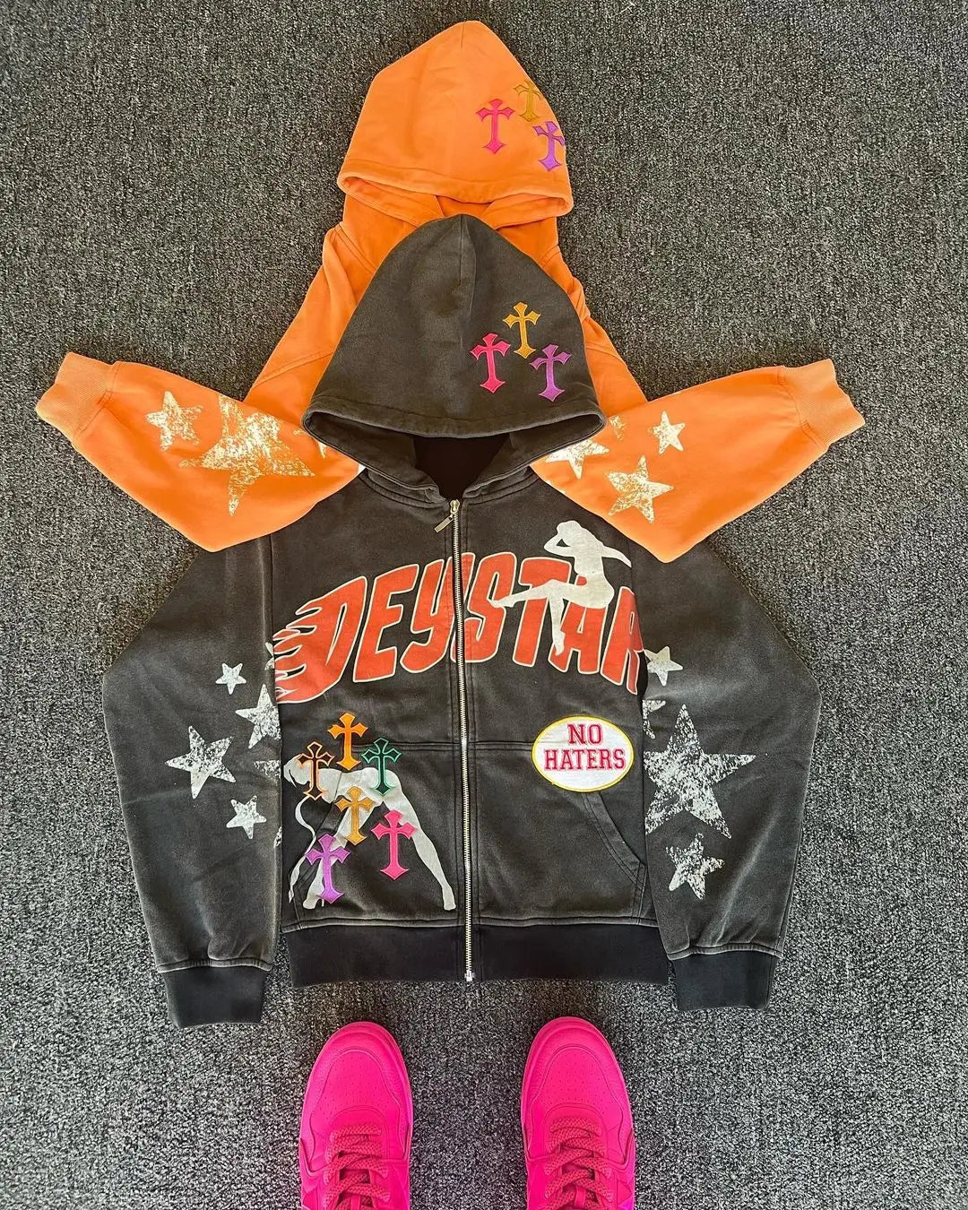 Harajuku Grunge Oversized Zip up Hoodie Sweatshirt Cross Printing