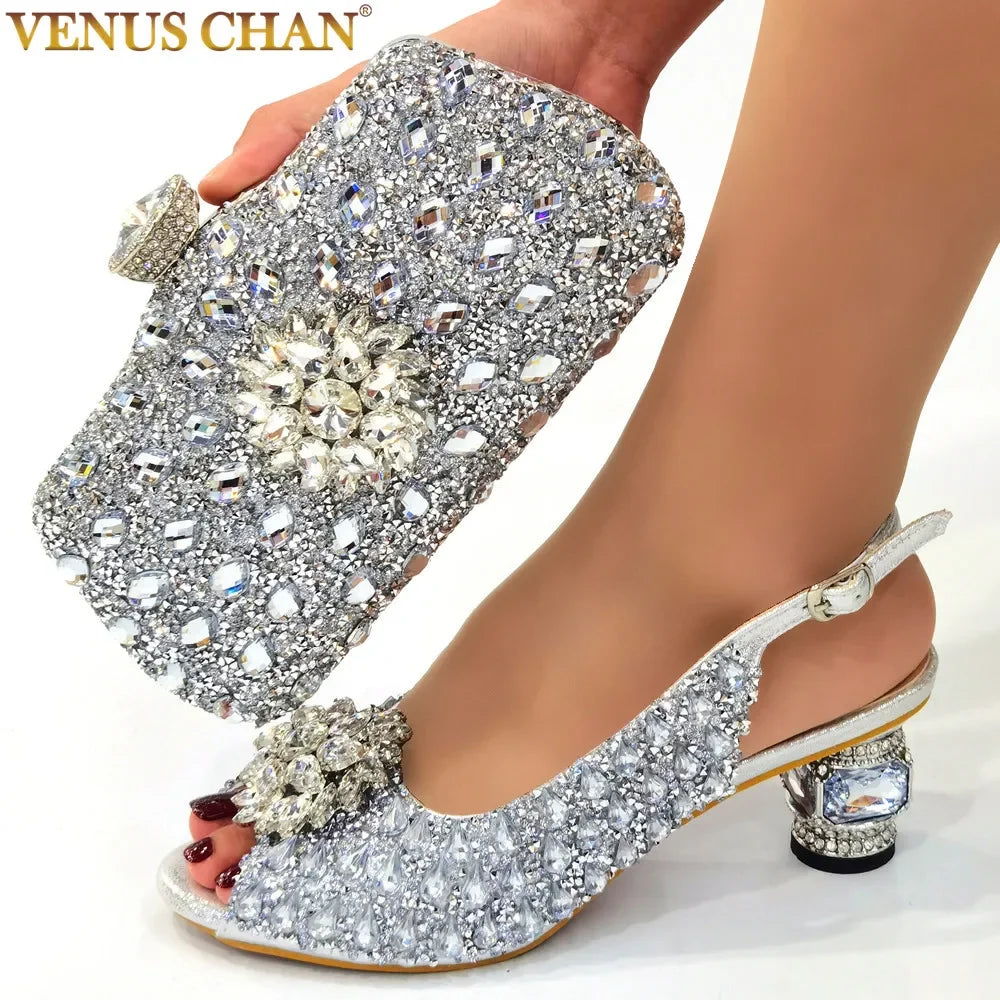 Silver Color Nigerian Women's Shoes and Bags Party African