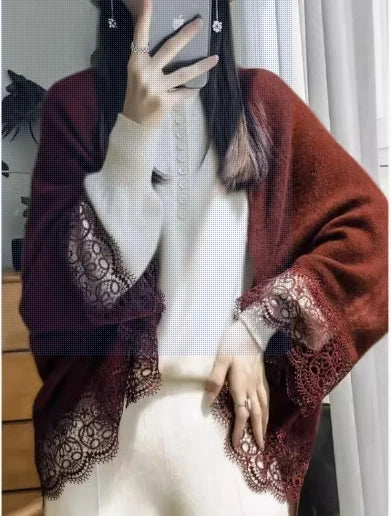 Popular Lace Edge 100% Wool Knitted Shawl Spring Autumn Thin Women's Soft, Skin friendly, Breathable, and Fashionable Cardigan