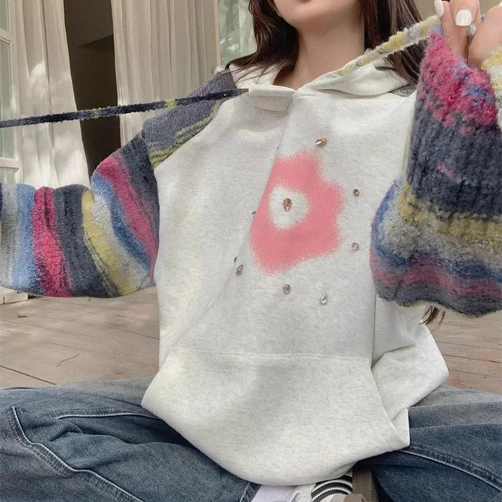 Rhinestone Hooded Sweatshirt for Women Graphic Woman Tops Glitter Baggy Loose Sequin 2025 Trend Hoodies Korean Fashion Novelty M