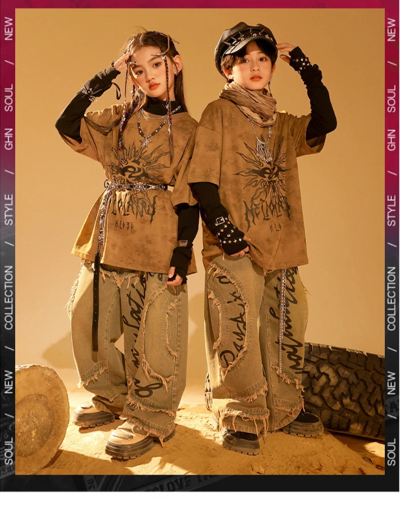 Boys Wasteland Punk Street Dance Sweatshirt Jeans Pants Girls Hip Hop Clothes Sets Kids Jazz Stage Costumes Children Streetwear