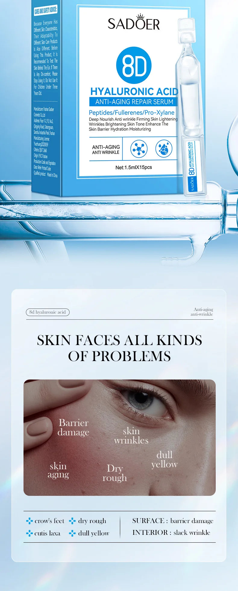 Hyaluronic Acid Instant Wrinkle Remover Essence Fade Fine Lines Face Serum Anti Aging Firming Lifting Whitening Korean Skin Care