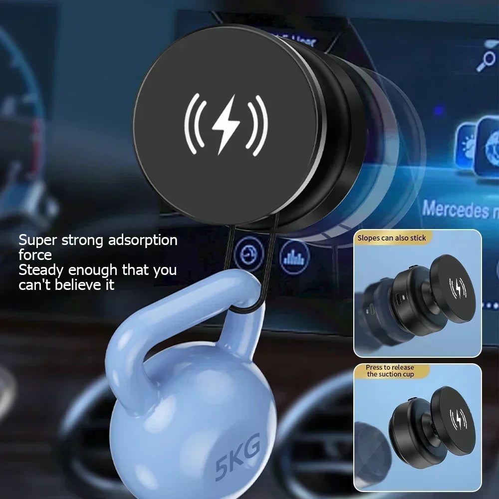 Car Center Console Wireless Charger Magnetic Vacuum Suction Cup Phone Holder for Magsafe iPhone 16 15 14 13 Fast Charging Stand