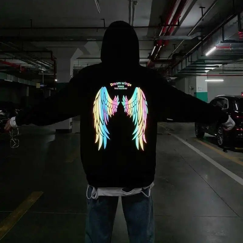 Reflective Male Hoodie Hip Hop Overfit New in No Brand Y2k Vintage Novelty and Simple 90s Tops Fleeced Men's Hooded Sweatshirt