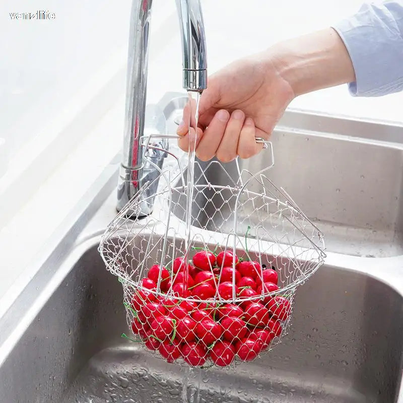 vanzlife stainless steel deep-fried large noodle kitchen French fries tools drain basket Household leak net spoon folding filter