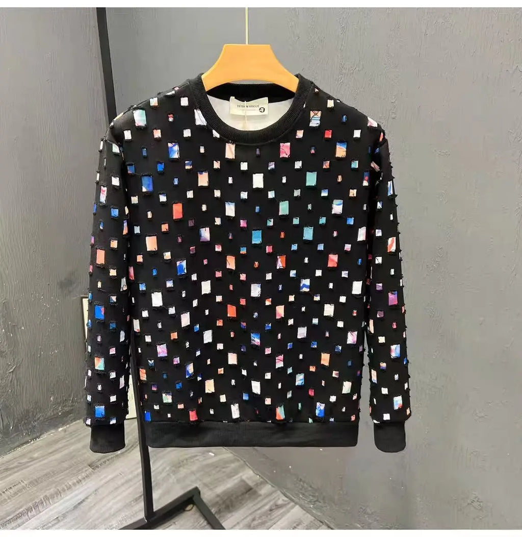 Round Neck Sweatshirt Men Spring Autumn Sportswear broken hole Pullover New Casual Fashion Hip Hop Hoodies Streetwear Top