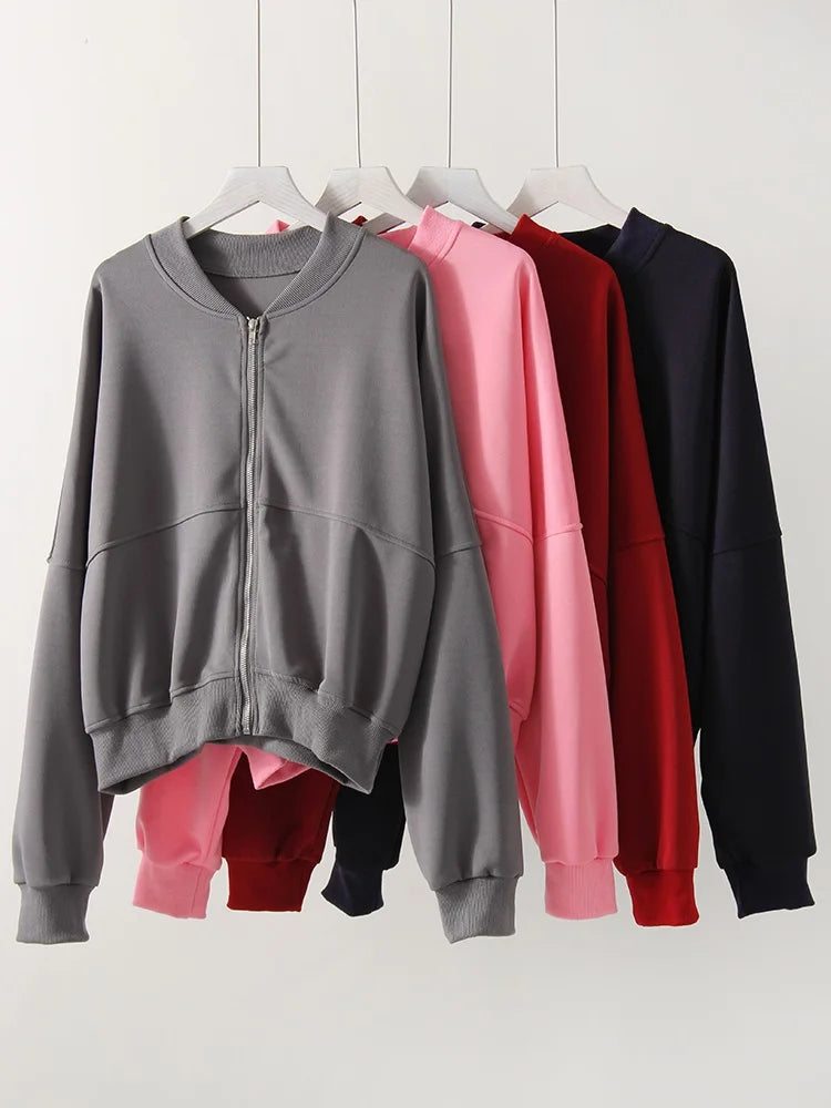 Gray Straight Pants Two Pieces Sets Women Outfit Long Sweatpants Street Wear Zipper Jacket Track Suits Sweatshirt Sets For Women