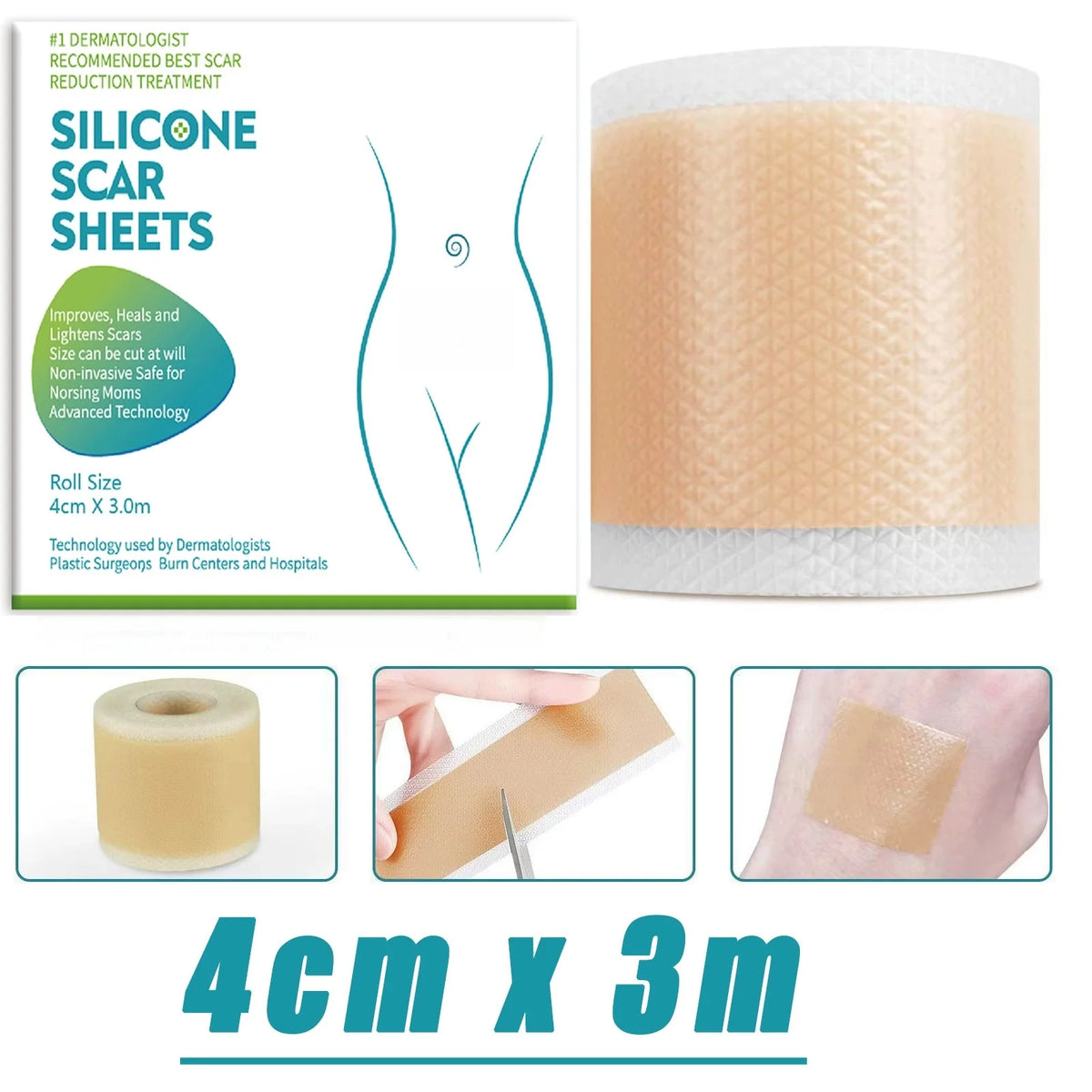 4CM x 3M Silicone Scar Sheets Self-Adhesive Stretch Mark Tape Scar Cover Patch Reusable and Effective Skin Care Strips
