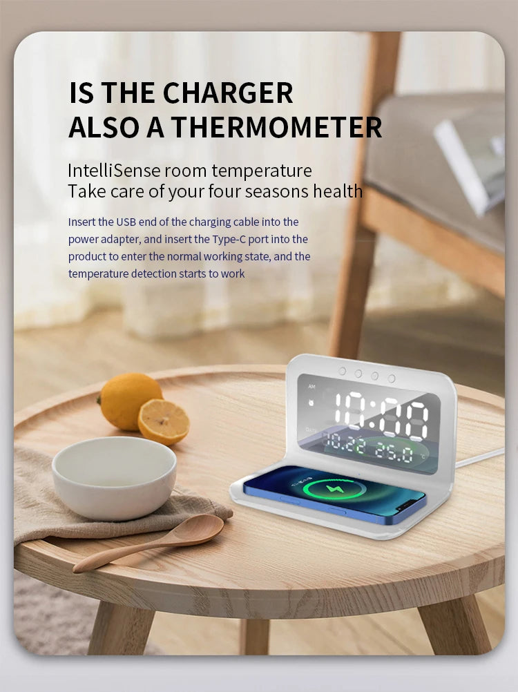 Wireless Charger Pad Stand with Alarm Clock Thermometer for iPhone 14 13 12 11 X Xiaomi Samsung 15W Phone Fast Charging Station