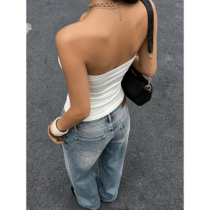 American Retro Spider Print White Strapless Women's Elastic