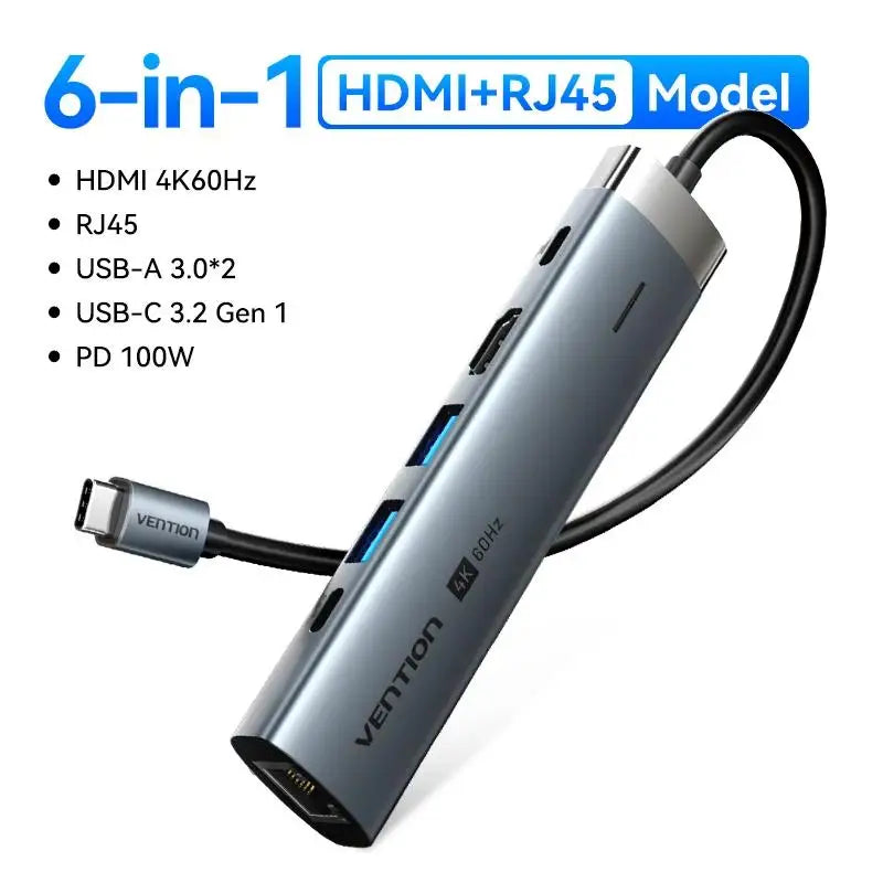 Vention USB C HUB Type C to HDMI 4K60Hz RJ45 PD 100W Adapter for