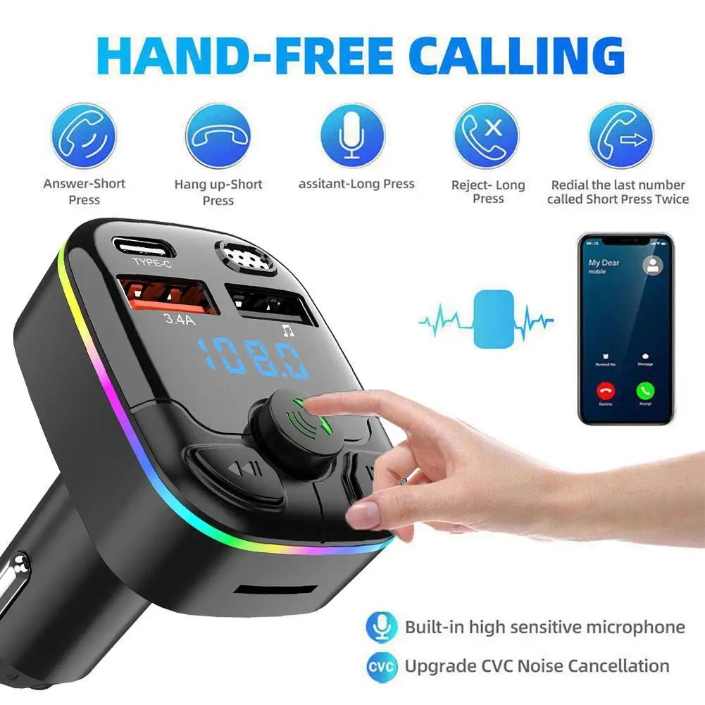 Bluetooth 5.0 Car FM Transmitter Wireless Charger PD Type C Fast Charge Dual USB Charger Ambient Light MP3 Player Handsfree