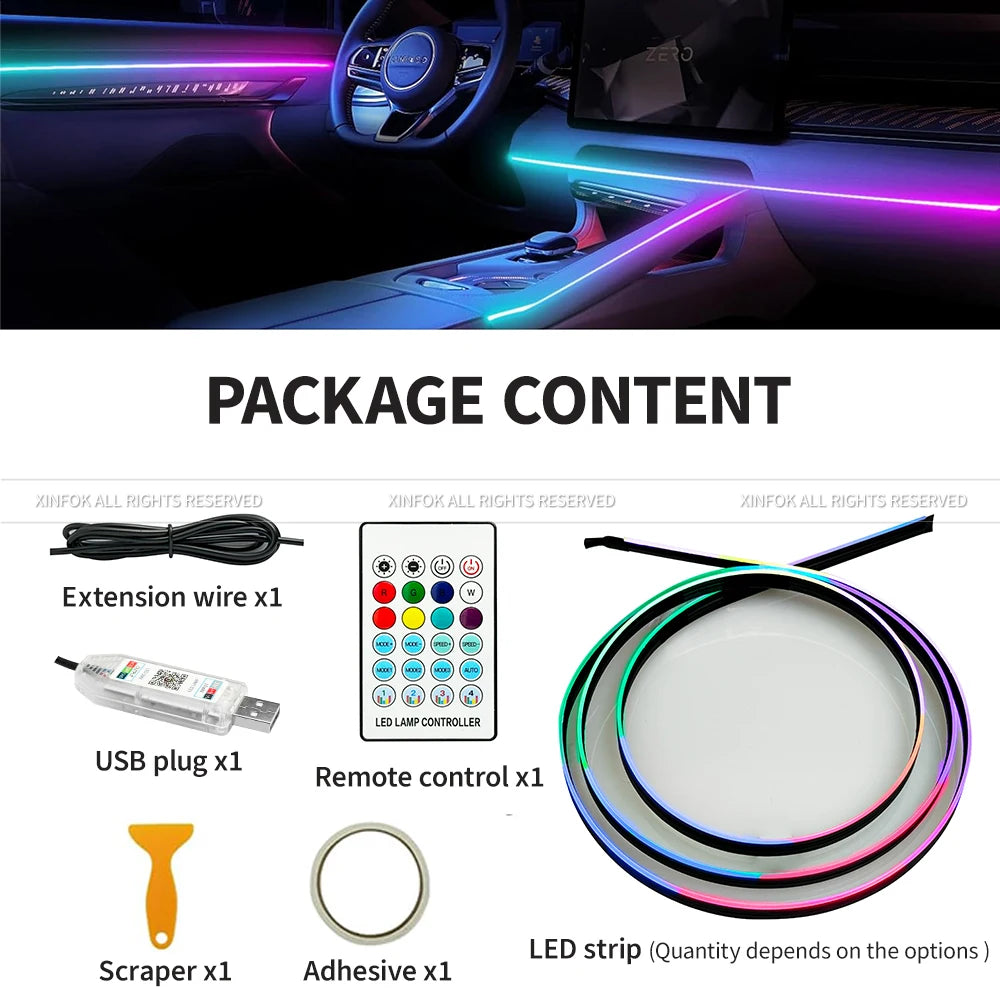 43.31 inch Streamer Car Ambient Lights RGB 64 Color Universal LED Interior Hidden Under Acrylic Strip Symphony Atmosphere Lamp