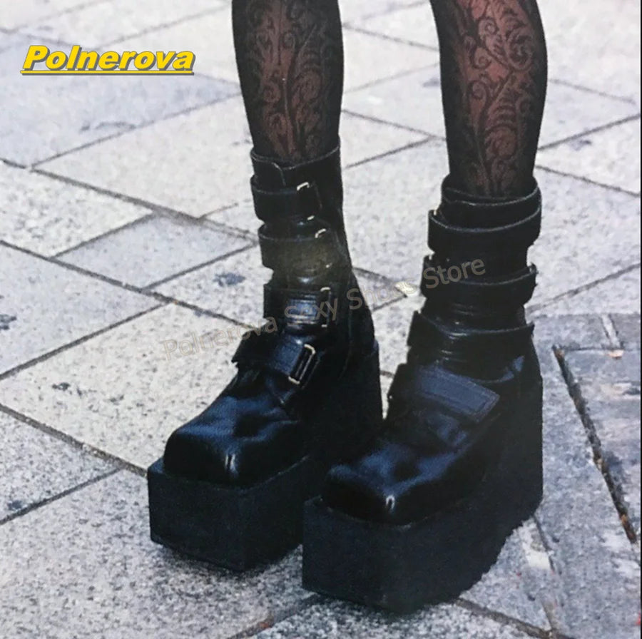 Vintage Y2K Wedge Mid Calf Boots Women Square Toe Hook and Loop