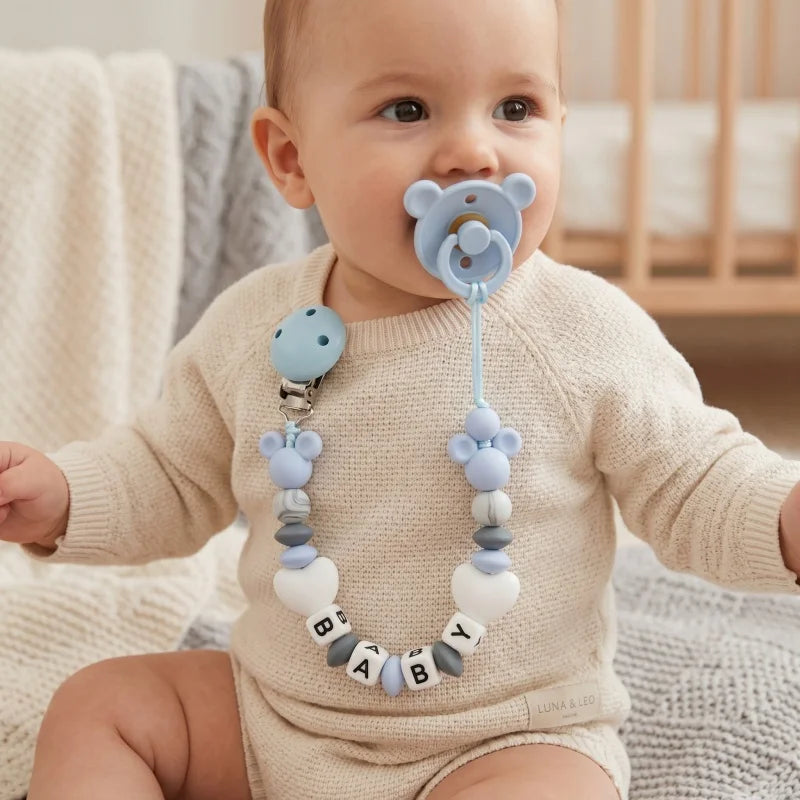 Custom Baby Name Pacifier Holder Blue Heart Silicone Beads